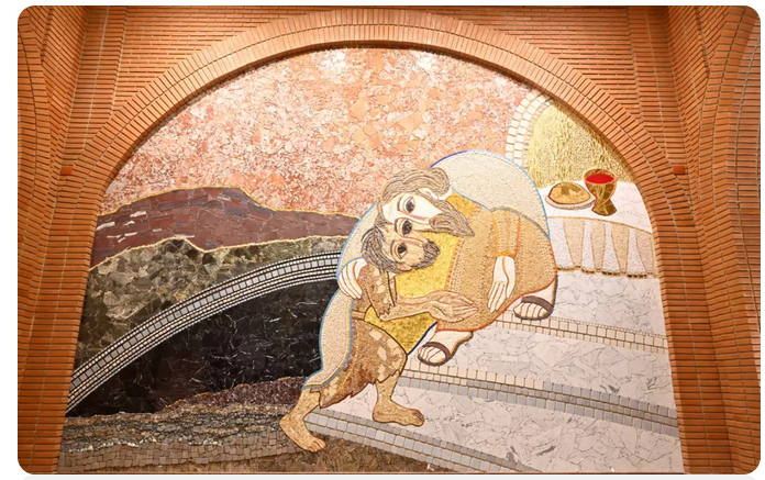 Representação em mosaico da parábola do filho pródigo ou pai misericordioso no Santuário Nacional Representação em mosaico da parábola do filho pródigo ou pai misericordioso no Santuário Nacional