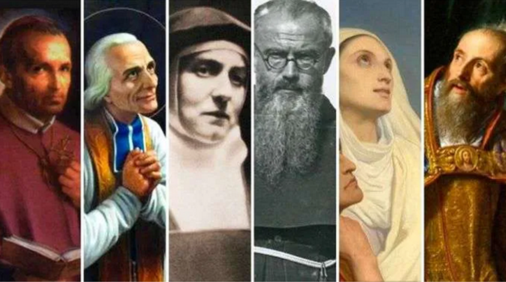 Da esquerda para a direita: santo Afonso Maria de Ligório, são João Maria Vianney, santa Edith Stein, são Maximiliano Kolbe, santa Mônica, santo Agostinho | Domínio público Da esquerda para a direita: santo Afonso Maria de Ligório, são João Maria Vianney, santa Edith Stein, são Maximiliano Kolbe, santa Mônica, santo Agostinho | Domínio público