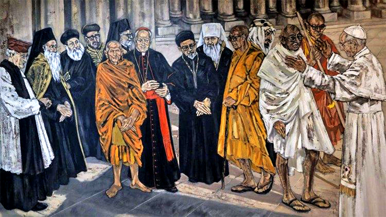 Pintura na sede do Dicastério para o Diálogo Inter-religioso, com Paulo VI, Gandhi e líderes religiosos.Diálogo Pintura na sede do Dicastério para o Diálogo Inter-religioso, com Paulo VI, Gandhi e líderes religiosos.Diálogo