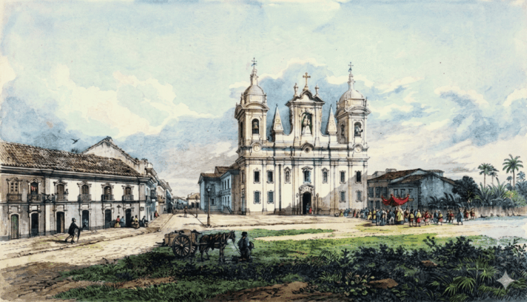 Imagem: Catedral da Sé e Largo da Matriz, Belém. Litografia de Joseph Léon Righini, 1867.